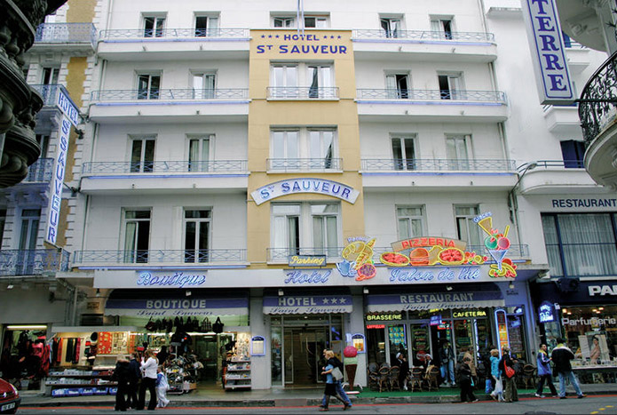 Detail shot of Hotel Saint Sauveurand surrounding shops.